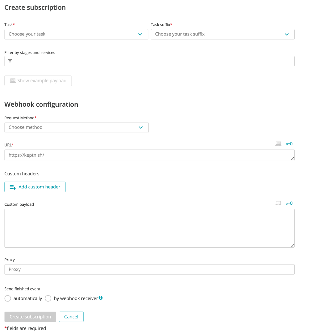 Form to create subscription and webhook configuration